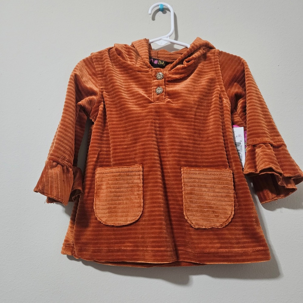 Delias Girl Toddler Corduroy Hooded Dress Rust Orange‎ Ruffle Sleeve 2T NWT